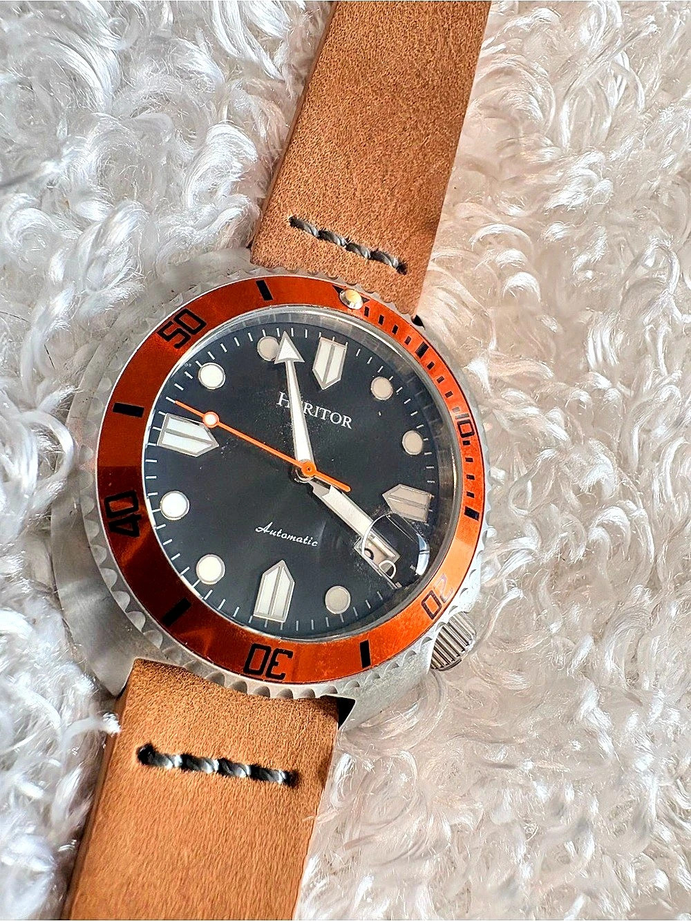 Heritor Automatic Pierce Leather-Band Watch Brown & Orange